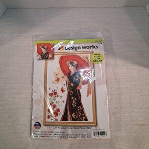 GEISHA COUNTED CROSS STITCH picture KIT Asian Oriental 14X20 Butterfly Flowers